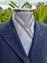 Load image into Gallery viewer, ERA ALEX STOCK TIE - White satin, silver pleated brocade, silver piping, silver trim and brooch
