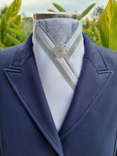 Load image into Gallery viewer, ERA ALEX STOCK TIE - White satin, silver pleated brocade, silver piping, silver trim and brooch