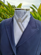 Load image into Gallery viewer, ERA ALEX STOCK TIE - White satin, silver pleated brocade, silver piping, silver trim and brooch
