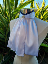 Load image into Gallery viewer, EURO BELLE STOCK TIE - White lustre satin with navy lace trim & pearl brooch