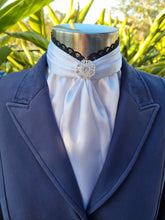 Load image into Gallery viewer, EURO BELLE STOCK TIE - White lustre satin with black lace trim &amp; brooch
