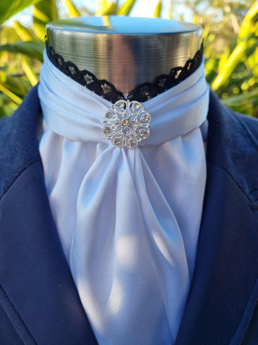 EURO BELLE STOCK TIE - White lustre satin with black lace trim & brooch