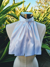 Load image into Gallery viewer, EURO BELLE STOCK TIE - White lustre satin with black lace trim & silver brooch