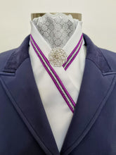 Load image into Gallery viewer, ERA SIENA STOCK TIE - White satin with silver brocade, purple & silver triple piping & brooch