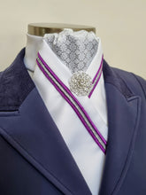 Load image into Gallery viewer, ERA SIENA STOCK TIE - White satin with silver brocade, purple & silver triple piping & brooch
