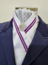 Load image into Gallery viewer, ERA SIENA STOCK TIE - White satin with silver brocade, purple & silver triple piping & brooch