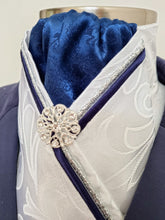 Load image into Gallery viewer, ERA AMELIA STOCK TIE - White embossed satin with navy printed satin, silver & navy piping & brooch