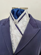 Load image into Gallery viewer, ERA AMELIA STOCK TIE - White embossed satin with navy printed satin, silver & navy piping & brooch