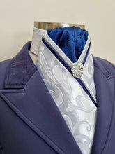 Load image into Gallery viewer, ERA AMELIA STOCK TIE - White embossed satin with navy printed satin, silver & navy piping & brooch