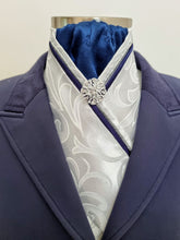 Load image into Gallery viewer, ERA AMELIA STOCK TIE - White embossed satin with navy printed satin, silver & navy piping & brooch