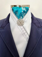 Load image into Gallery viewer, ERA FIONA STOCK TIE - White satin, aqua brocade, silver piping, white trim and brooch
