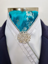 Load image into Gallery viewer, ERA FIONA STOCK TIE - White satin, aqua brocade, silver piping, white trim and brooch
