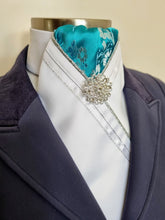 Load image into Gallery viewer, ERA FIONA STOCK TIE - White satin, aqua brocade, silver piping, white trim and brooch