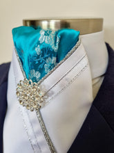 Load image into Gallery viewer, ERA FIONA STOCK TIE - White satin, aqua brocade, silver piping, white trim and brooch