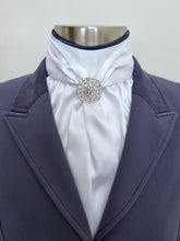 Load image into Gallery viewer, ERA ELLE STOCK TIE - White satin Soft Ties with navy piping & crystal brooch