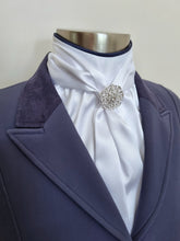 Load image into Gallery viewer, ERA ELLE STOCK TIE - White satin Soft Ties with navy piping & crystal brooch