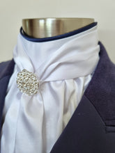 Load image into Gallery viewer, ERA ELLE STOCK TIE - White satin Soft Ties with navy piping & crystal brooch