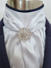 Load image into Gallery viewer, ERA ELLE STOCK TIE - White satin Soft Ties with navy piping & crystal brooch