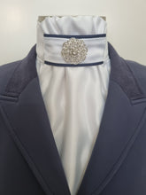 Load image into Gallery viewer, ERA EURO CHARIZE STOCK TIE - White, navy piping and silver brooch