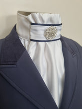 Load image into Gallery viewer, ERA EURO CHARIZE STOCK TIE - White, navy piping and silver brooch