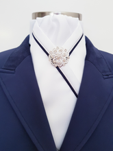Load image into Gallery viewer, ERA RACHAEL STOCK TIE - White satin with black & silver satin piping and brooch
