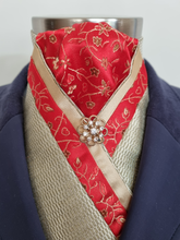 Load image into Gallery viewer, ERA TAYLA STOCK TIE - New gold brocade with red brocade centre & trim, and gold brooch