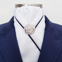 Load image into Gallery viewer, ERA RACHAEL STOCK TIE - White satin with black & silver satin piping and brooch