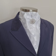 Load and play video in Gallery viewer, ERA DEB STOCK TIE - White jacquard with soft pleat and silver brooch