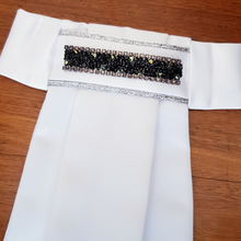 Load image into Gallery viewer, ERA EURO KARA STOCK TIE - White satin, silver piping with crystal trim - 5 colours - crystal/pearl, mint, black, blue, gold