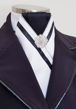 Load image into Gallery viewer, ERA ALEX STOCK TIE - White satin, black pleated, silver piping, black trim and brooch