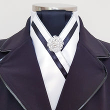 Load image into Gallery viewer, ERA ALEX STOCK TIE - White satin, black pleated, silver piping, black trim and brooch