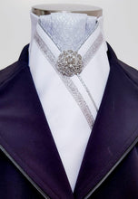 Load image into Gallery viewer, ERA ALEX STOCK TIE - White satin, silver pleated brocade, silver piping, silver trim and brooch
