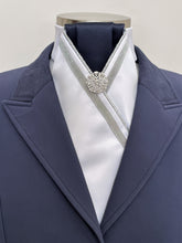 Load image into Gallery viewer, ERA ALEX STOCK TIE - White with navy pleated centre, silver piping and trim & brooch