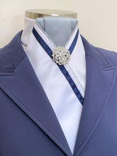 Load image into Gallery viewer, ERA ALEX STOCK TIE - White satin, grey pleated, silver piping, navy trim and brooch
