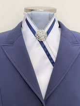 Load image into Gallery viewer, ERA ALEX STOCK TIE - White satin, grey pleated, silver piping, navy trim and brooch