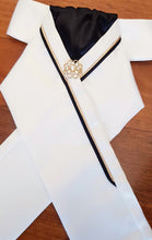 Load image into Gallery viewer, ERA RACHAEL STOCK TIE - Cream satin and black, with gold & black piping and brooch
