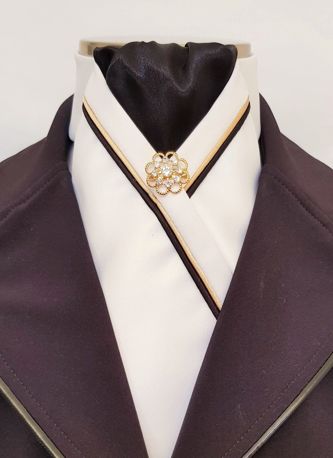 ERA RACHAEL STOCK TIE - Cream satin and black, with gold & black piping and brooch
