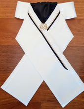 Load image into Gallery viewer, ERA RACHAEL STOCK TIE - Cream satin and black, with gold &amp; black piping and brooch
