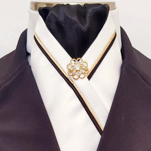 Load image into Gallery viewer, ERA RACHAEL STOCK TIE - Cream satin and black, with gold & black piping and brooch