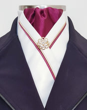 Load image into Gallery viewer, ERA RACHAEL STOCK TIE - Cream satin and burgundy, with gold &amp; burgundy piping and gold brooch
