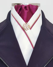 Load image into Gallery viewer, ERA RACHAEL STOCK TIE - Cream satin and burgundy, with gold & burgundy piping and gold brooch