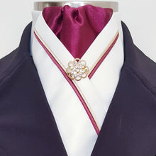 Load image into Gallery viewer, ERA RACHAEL STOCK TIE - Cream satin and burgundy, with gold & burgundy piping and gold brooch
