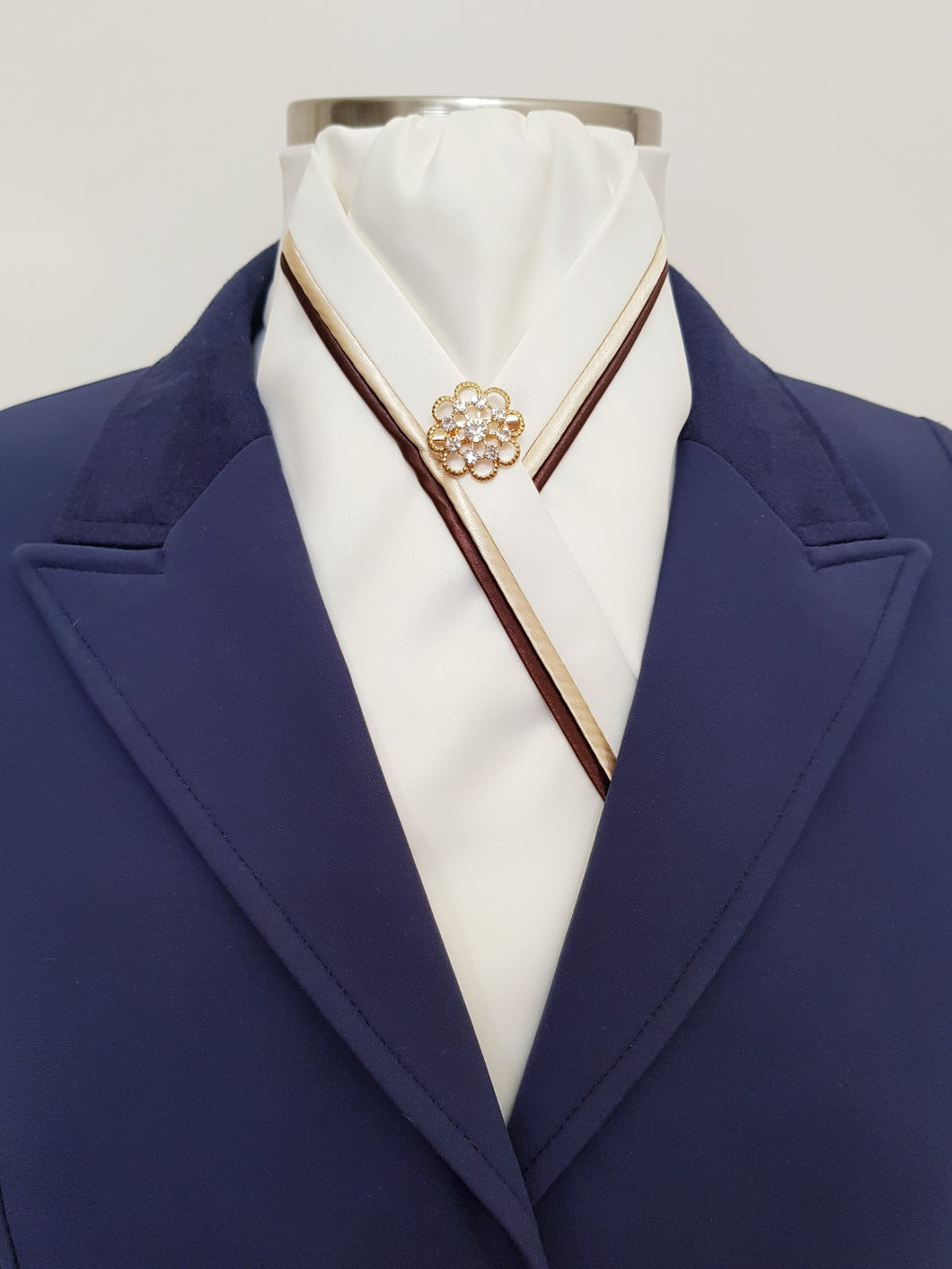 ERA RACHAEL STOCK TIE - Cream satin with brown and gold piping and brooch