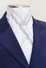 Load image into Gallery viewer, ERA ANNA STOCK TIE - White satin, silver piping, wave trim & brooch