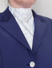 Load image into Gallery viewer, ERA ANNA STOCK TIE - White satin, silver piping, wave trim & brooch