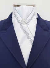 Load image into Gallery viewer, ERA ANNA STOCK TIE - White satin, silver piping, wave trim & brooch
