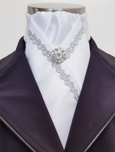 Load image into Gallery viewer, ERA ANNA STOCK TIE - White satin with delicate silver trim & brooch