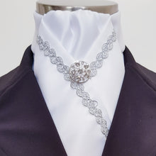 Load image into Gallery viewer, ERA ANNA STOCK TIE - White satin with delicate silver trim & brooch
