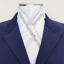 Load image into Gallery viewer, ERA ANNA STOCK TIE - White satin, silver piping, wave trim & brooch