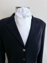 Load image into Gallery viewer, ERA DEB STOCK TIE - White satin with lace trim, rose gold &amp; clear crystals &amp; brooch
